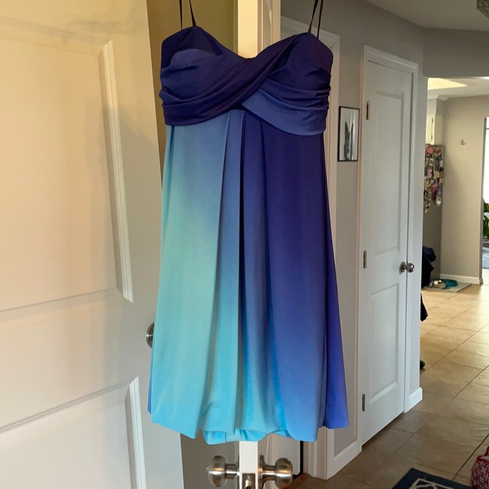 Xscape blue ombré strapless cocktail dress